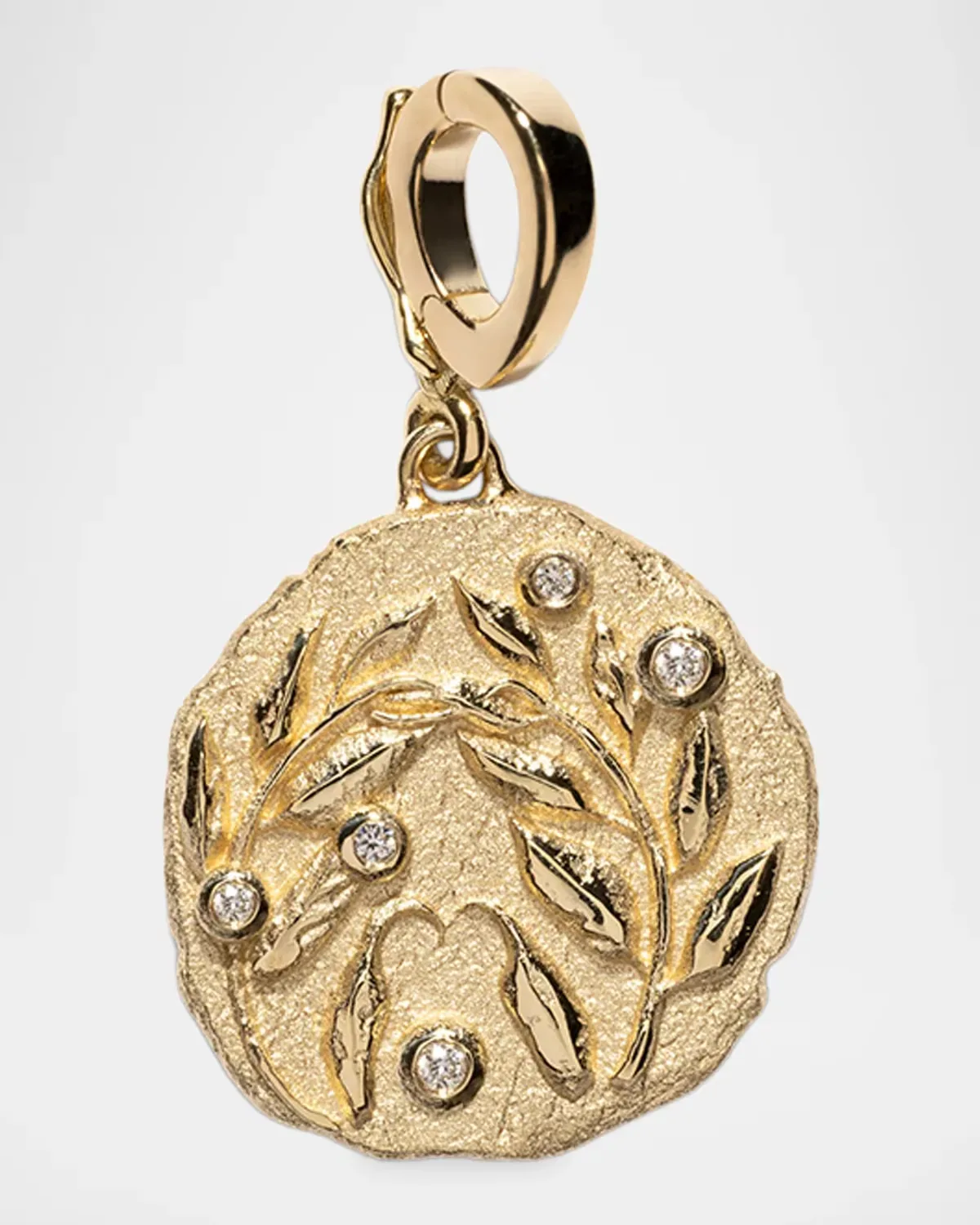 18K Yellow Gold Olive Branch Small Coin Charm with Diamonds by AZLEE