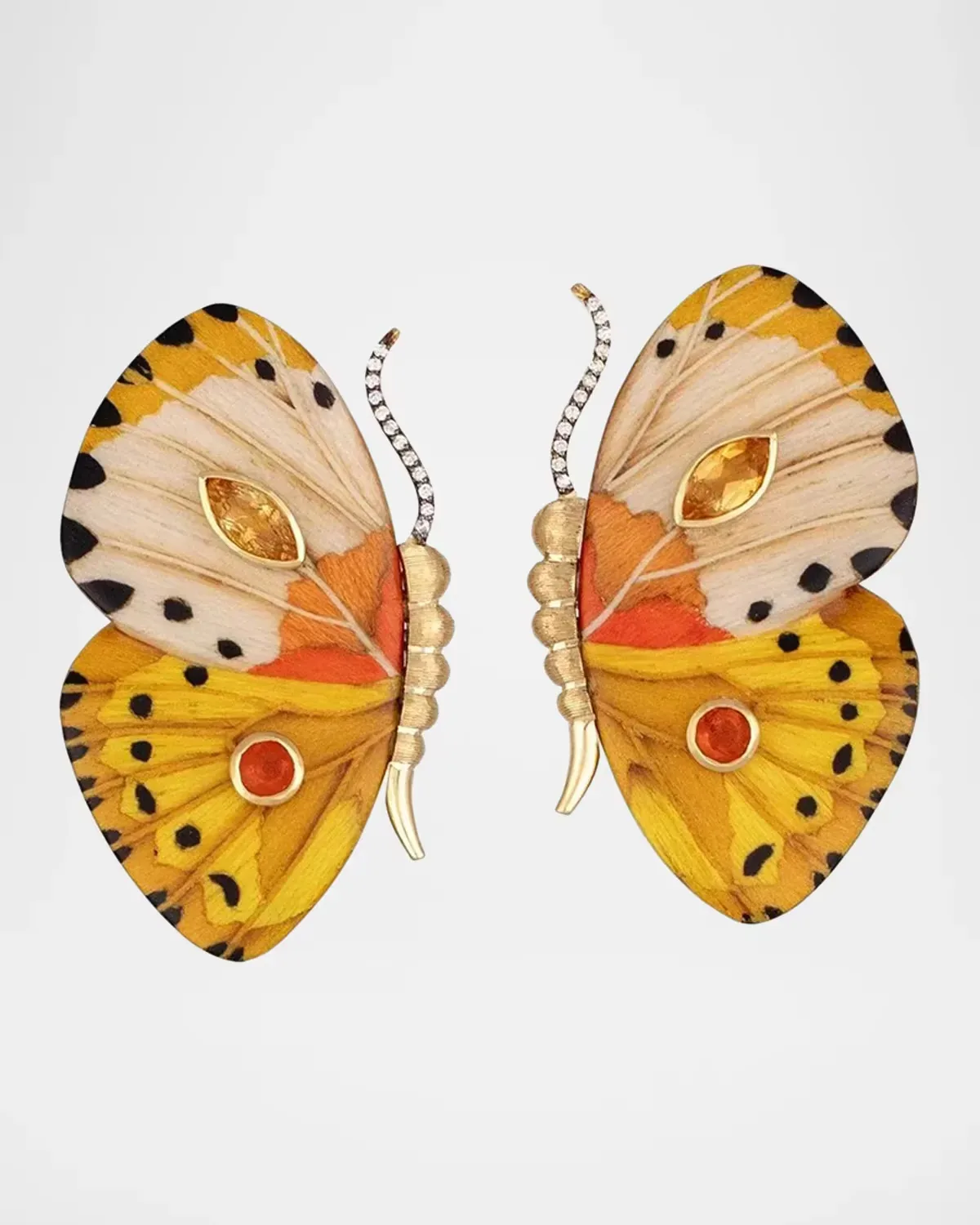 18K Yellow Gold Small Butterfly Wing Yellow Marquetry Earrings with Diamonds, Citrine and Fire Opal by Silvia Furmanovich