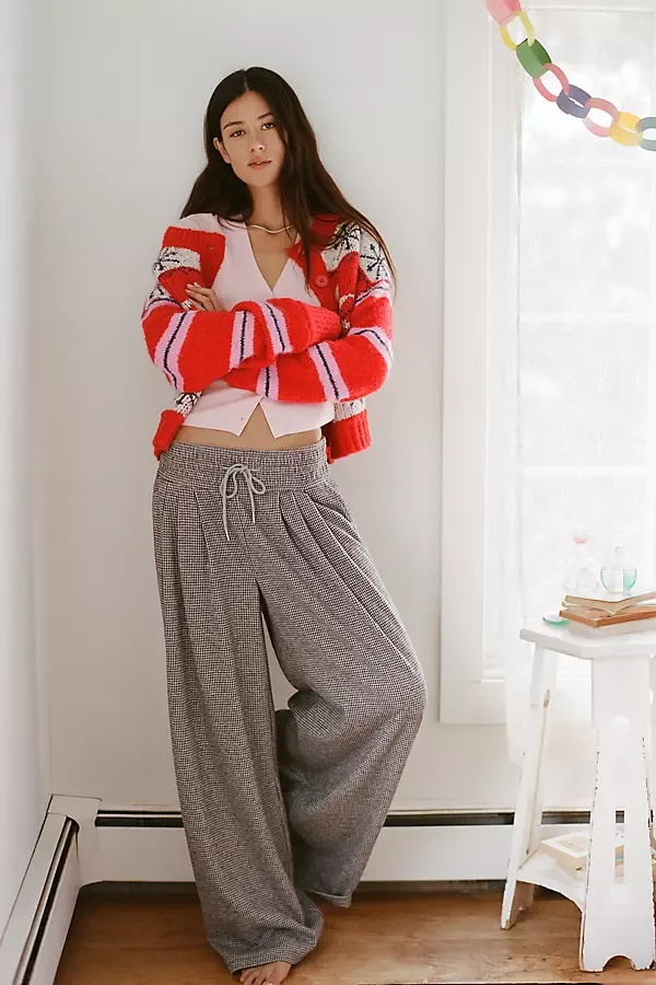 High Rise Wide Leg Houndstooth Pants