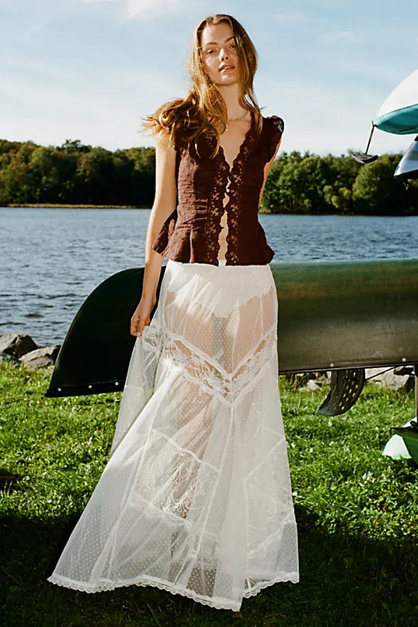 Callie Sheer Mesh Lace Trim Tiered Maxi Skirt