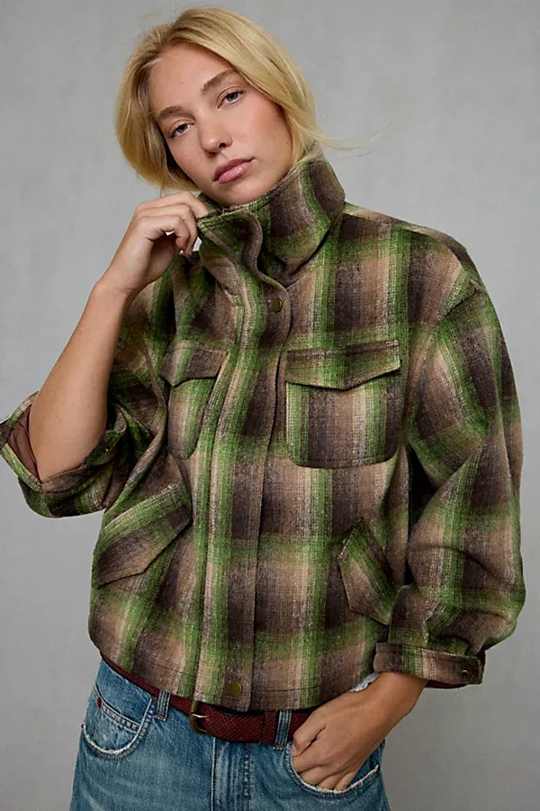 UO Exclusive Reverie Faux Fur Trim Funnel Neck Jacket in Plaid