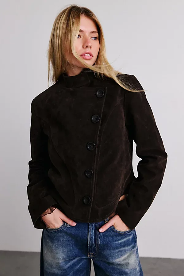 UO Brody Asymmetric Faux Suede Funnel Neck Jacket