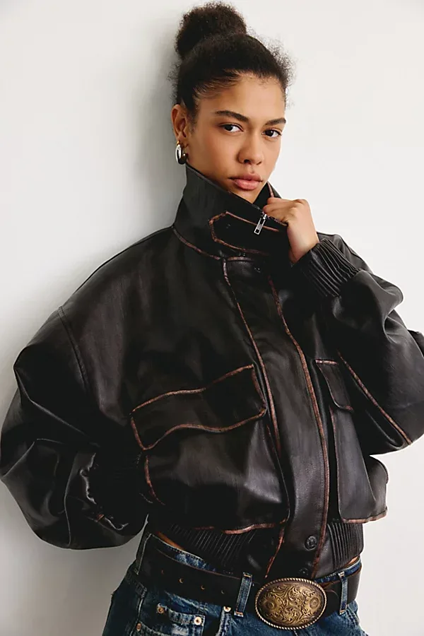 Cantini Faux Leather Funnel Neck Bomber Jacket