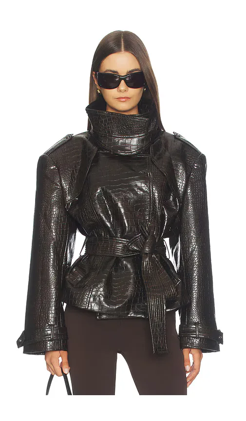 Faux Leather Croc Embossed Belted Jacket