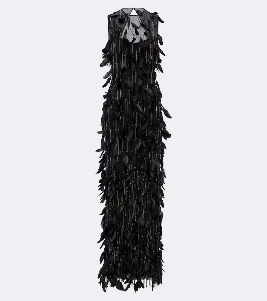 Renia Embellished Feather-Trimmed Tulle Gown