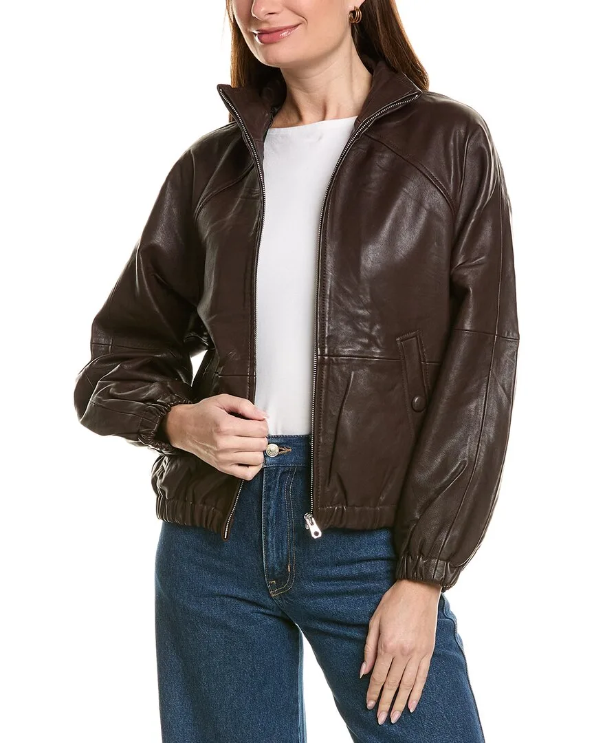 Relaxed Mock Neck Leather Bomber Jacket