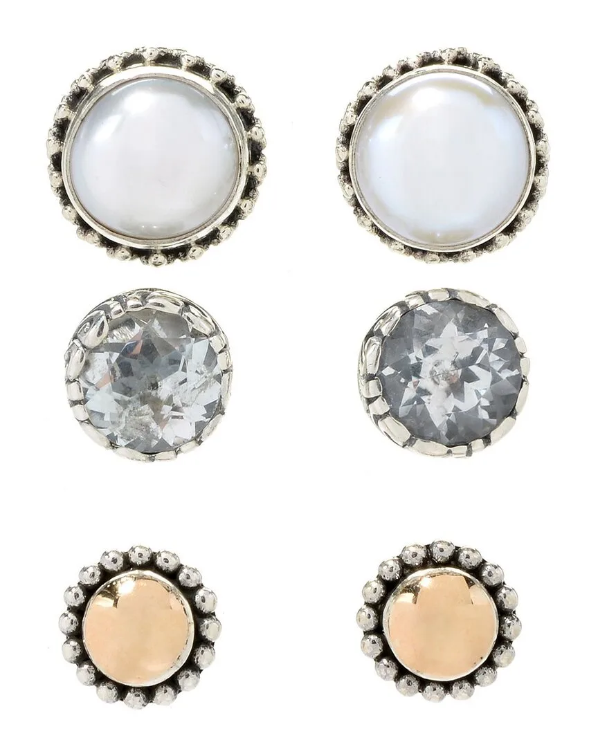 18K & Silver 1.20 ct. tw. White Topaz 7mm Pearl Set of 3 Earrings by Samuel B