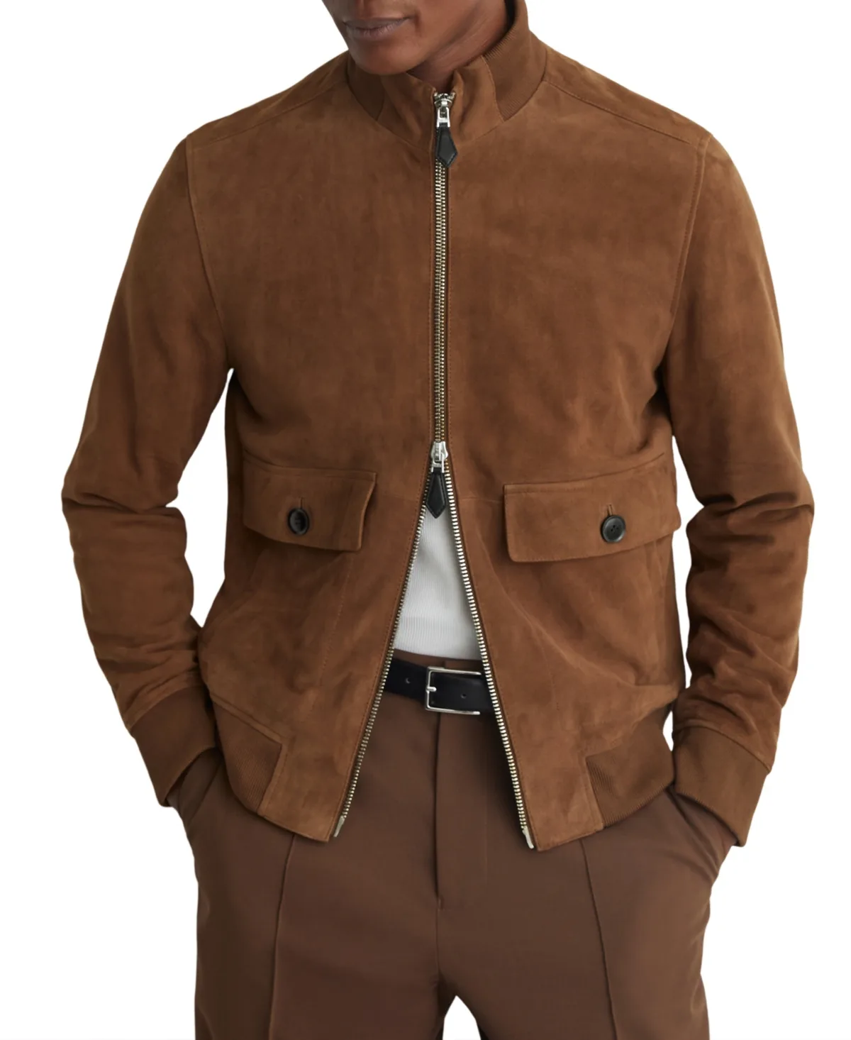 Helliford Suede Funnel-Neck Bomber Jacket