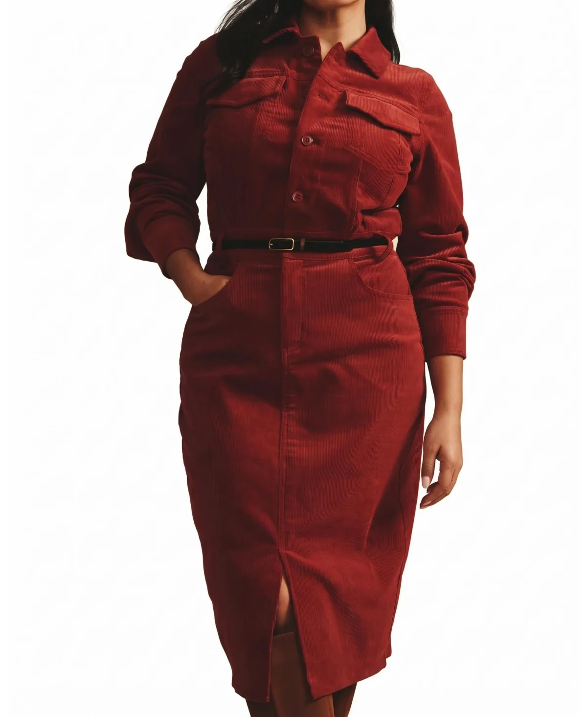 Dakota Long-Sleeve Corduroy Midi Dress