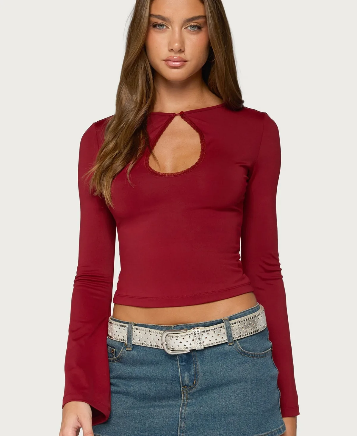 Dena Keyhole Long-Sleeve Bell-Sleeve Top