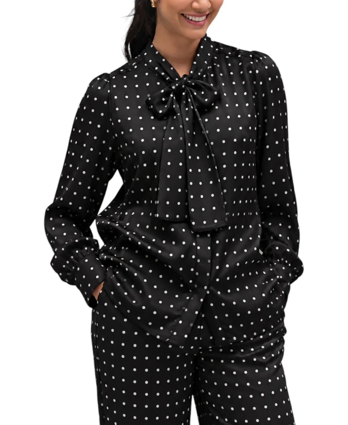 Chinti & Parker Polka Dot Tie-Neck Long-Sleeve Blouse