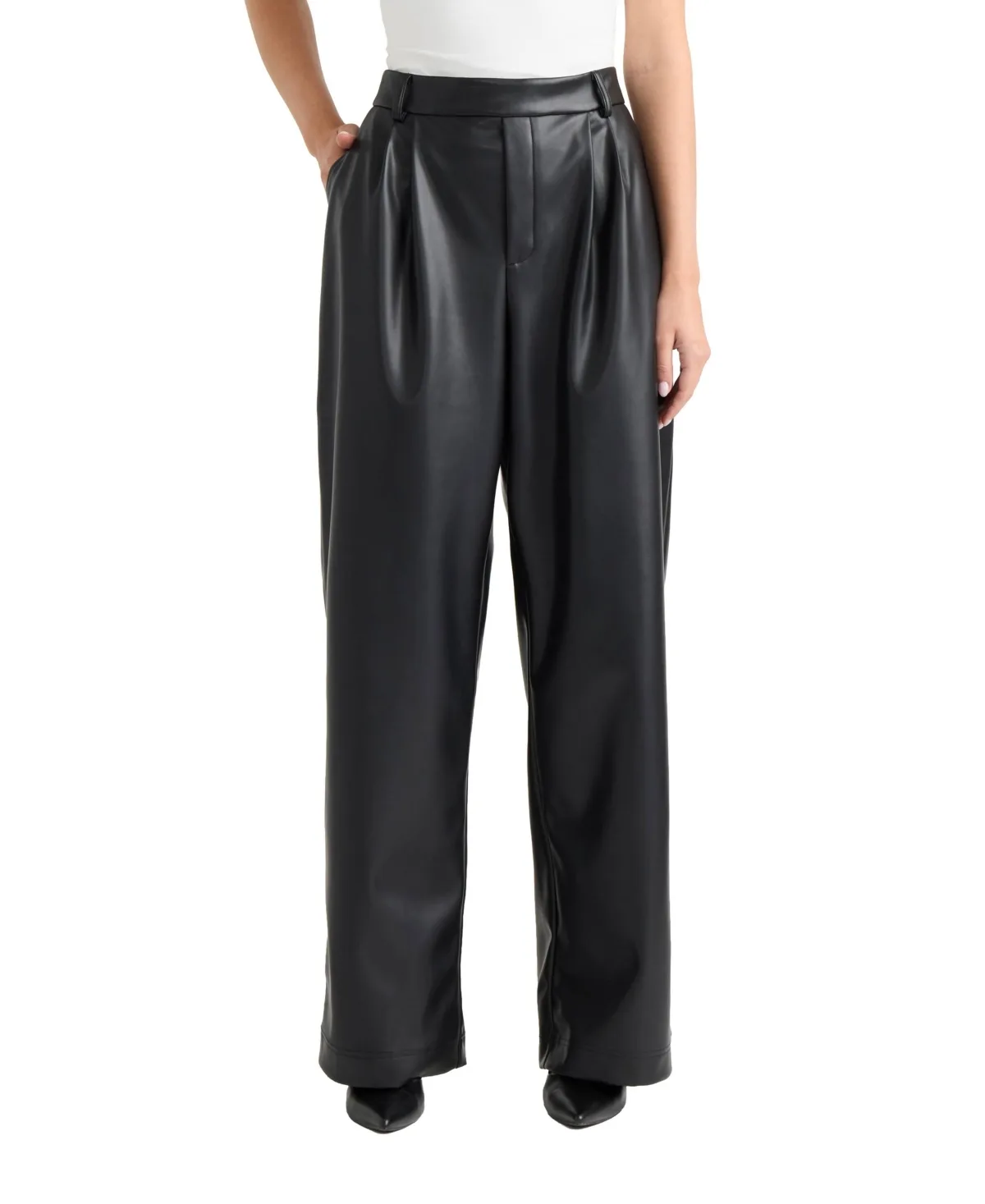 Pleated Wide-Leg Faux Leather Pants