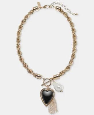 Heart Imitation Pearl Chain Tassel Statement Necklace Flex Bracelet Hoop Earrings by INC International Concepts