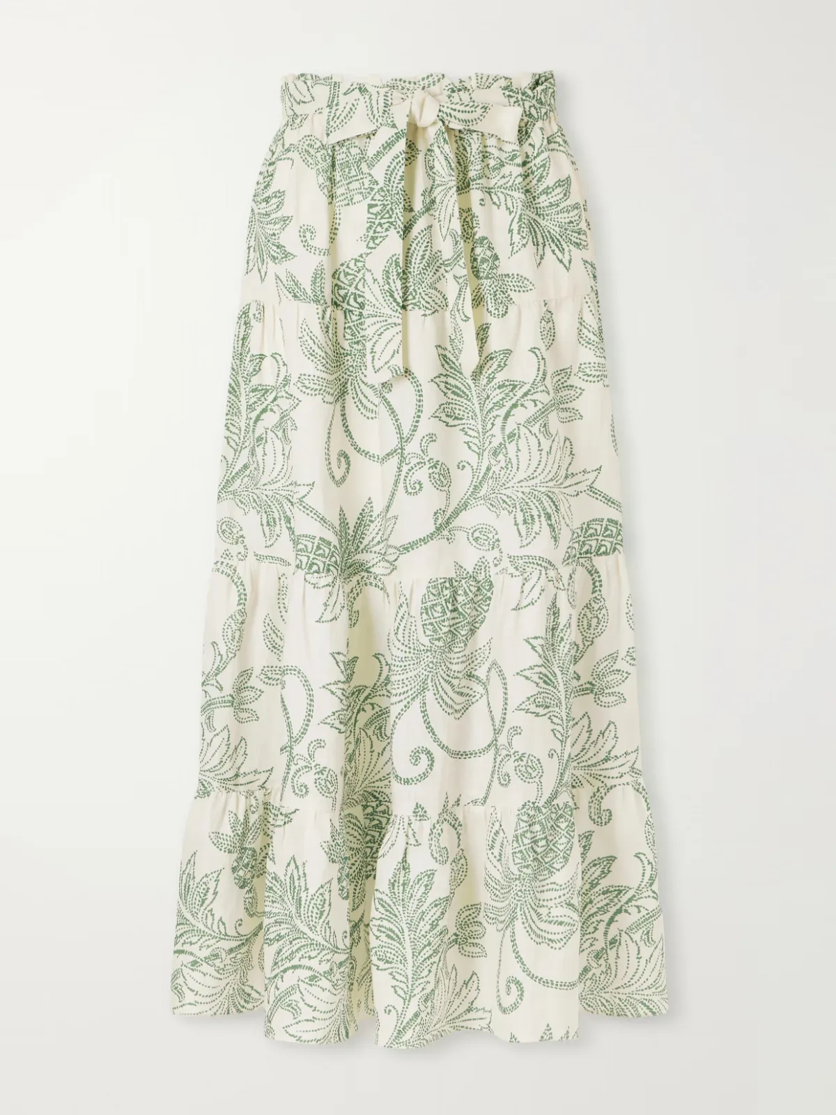 - Sanaa Tiered Printed Linen Midi Skirt -