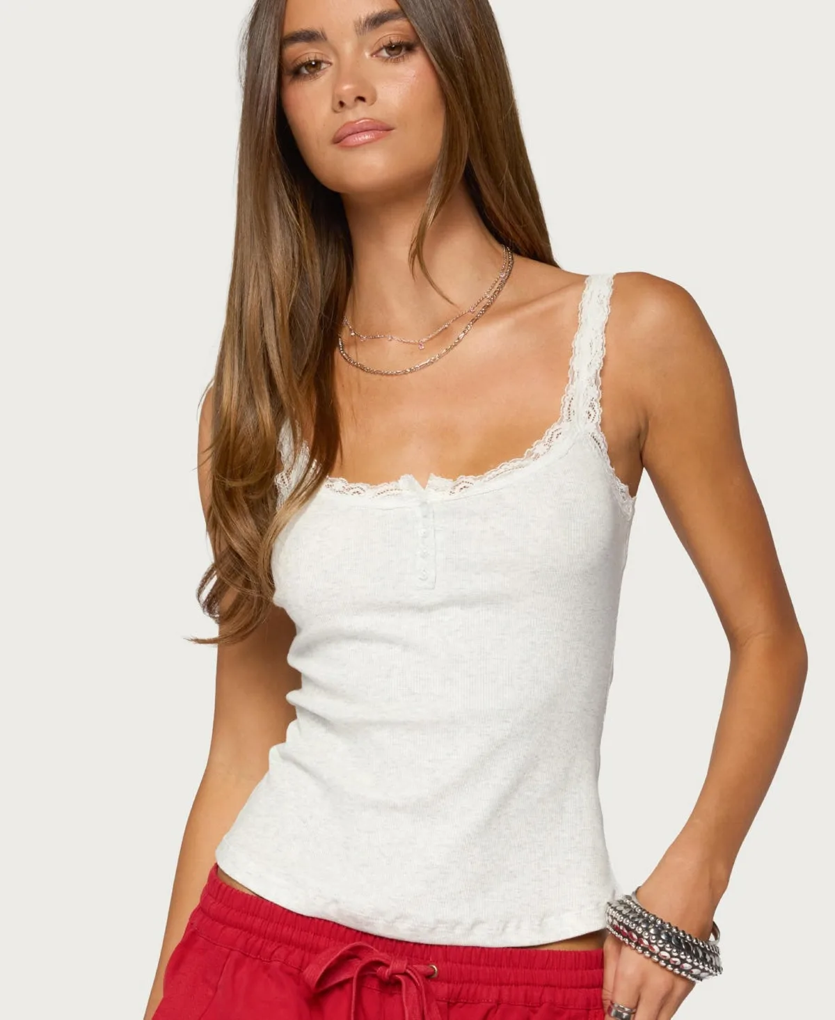 Contrast Stitched Lacey Henley Top