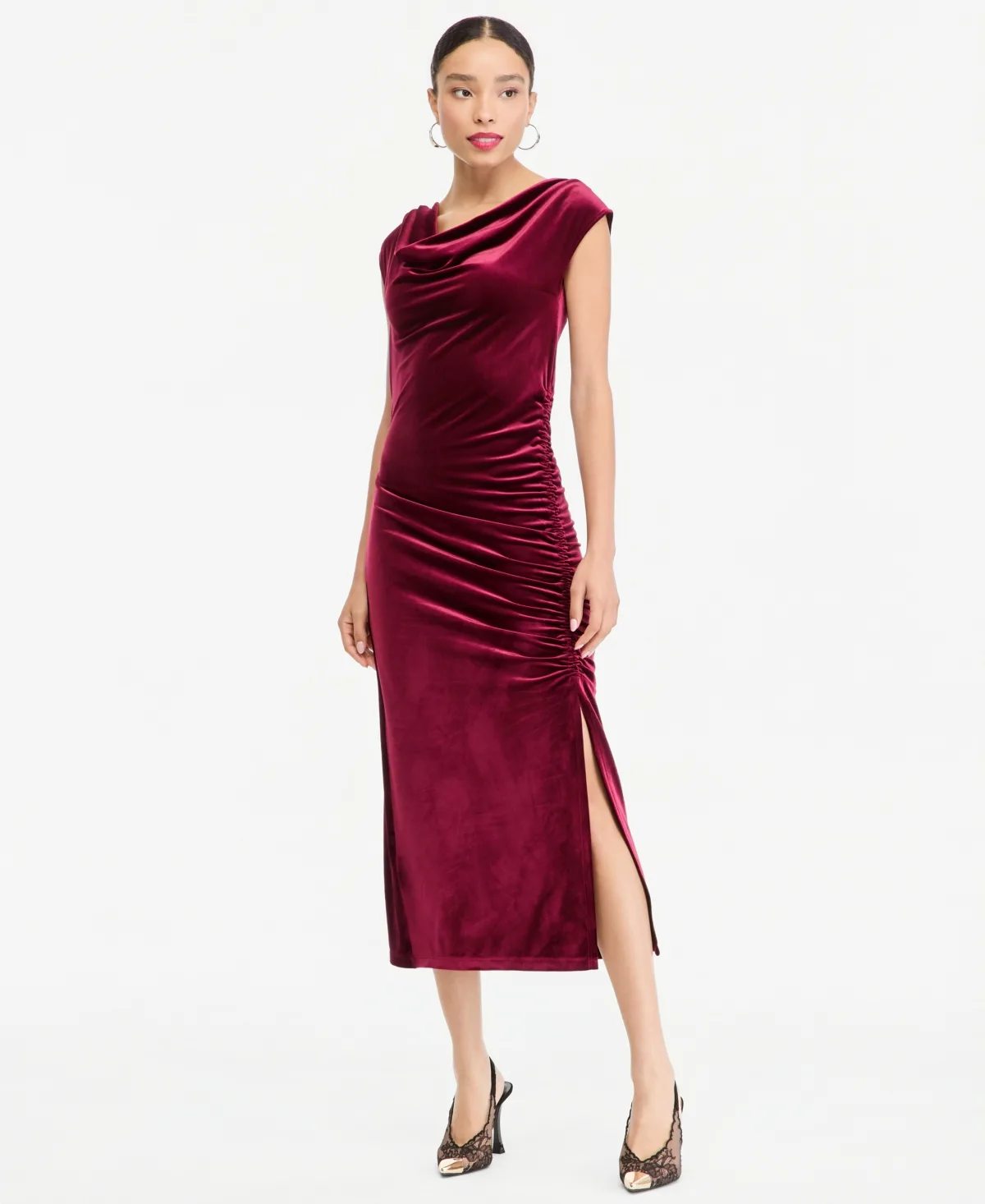 Velvet Ruched Cowl-Neck Midi Dress by INC International Concepts