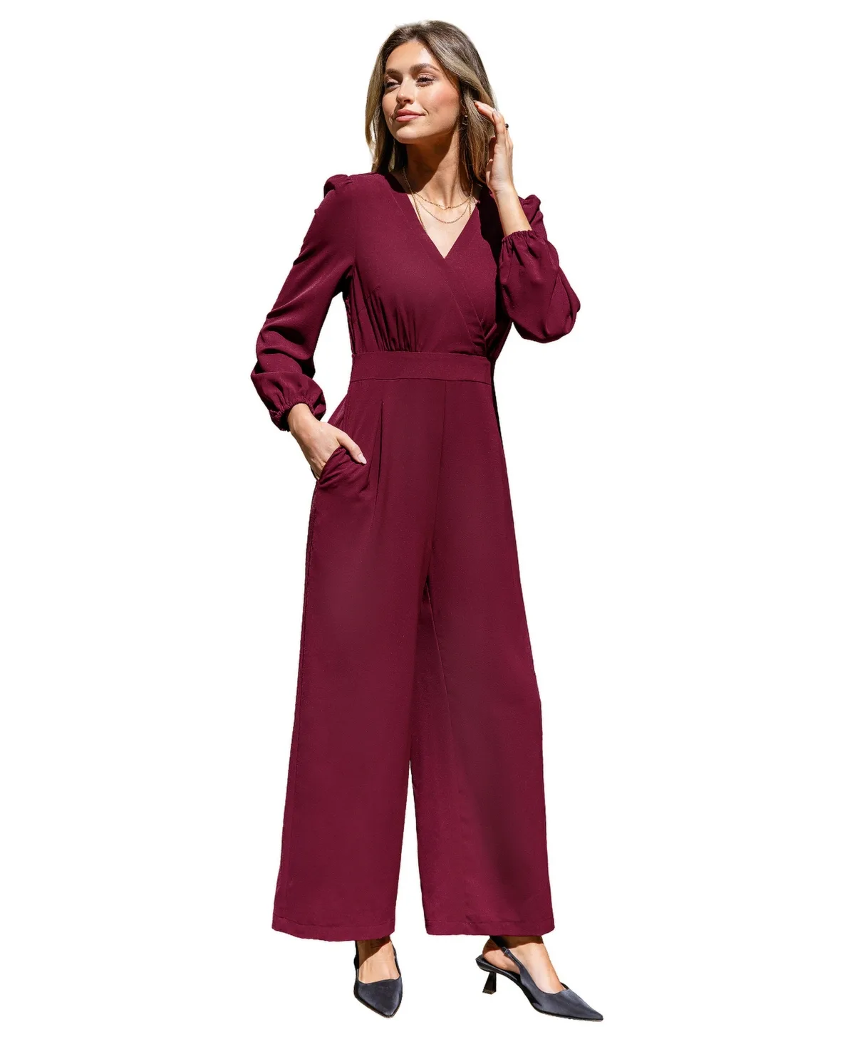 V-Neck Long Puff Sleeve Wide-Leg Jumpsuit by Cupshe