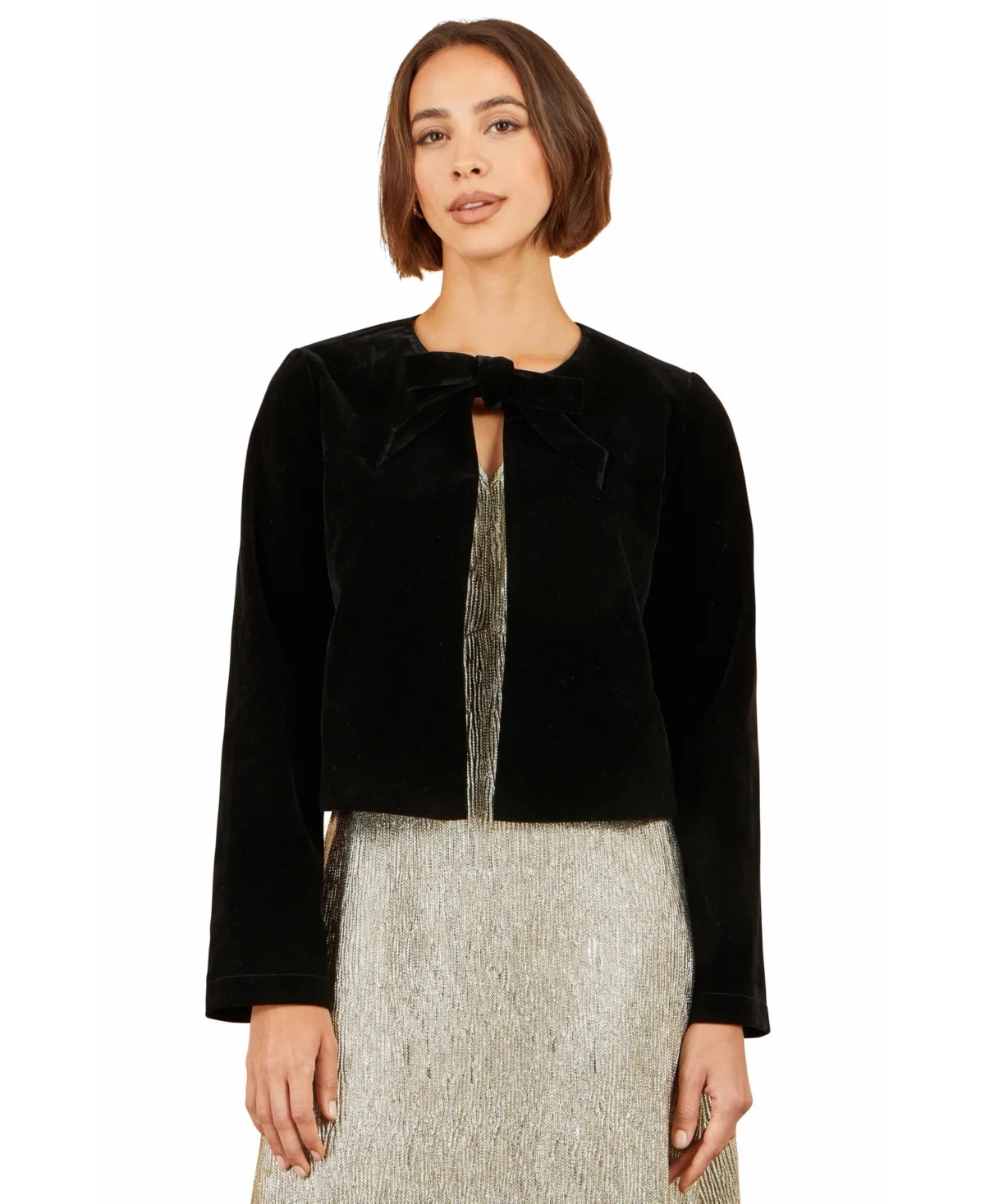 Luxe Bow-Neck Velvet Cropped Jacket by Yumi