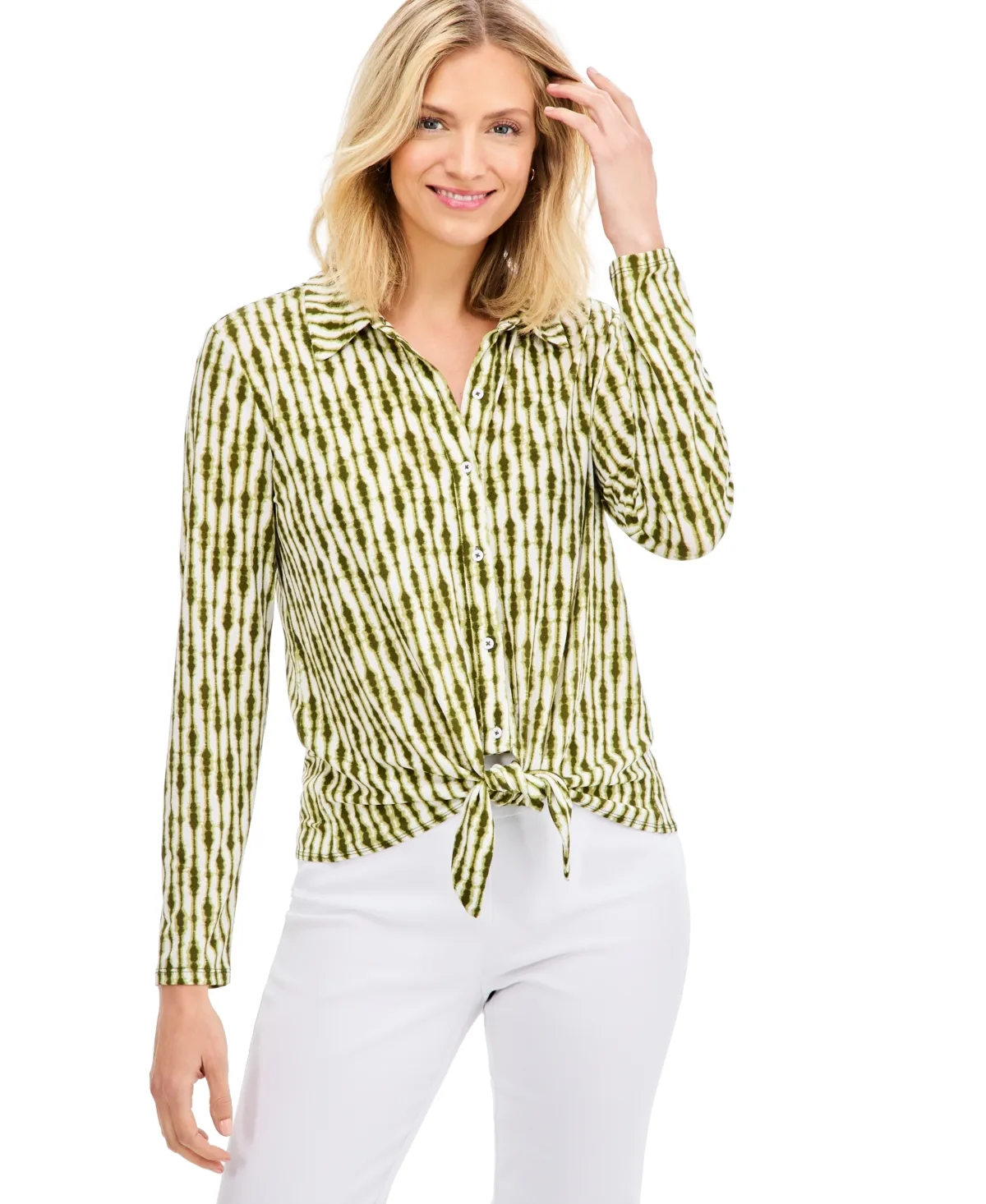 Printed Long-Sleeve Tie-Front Top by JM Collection