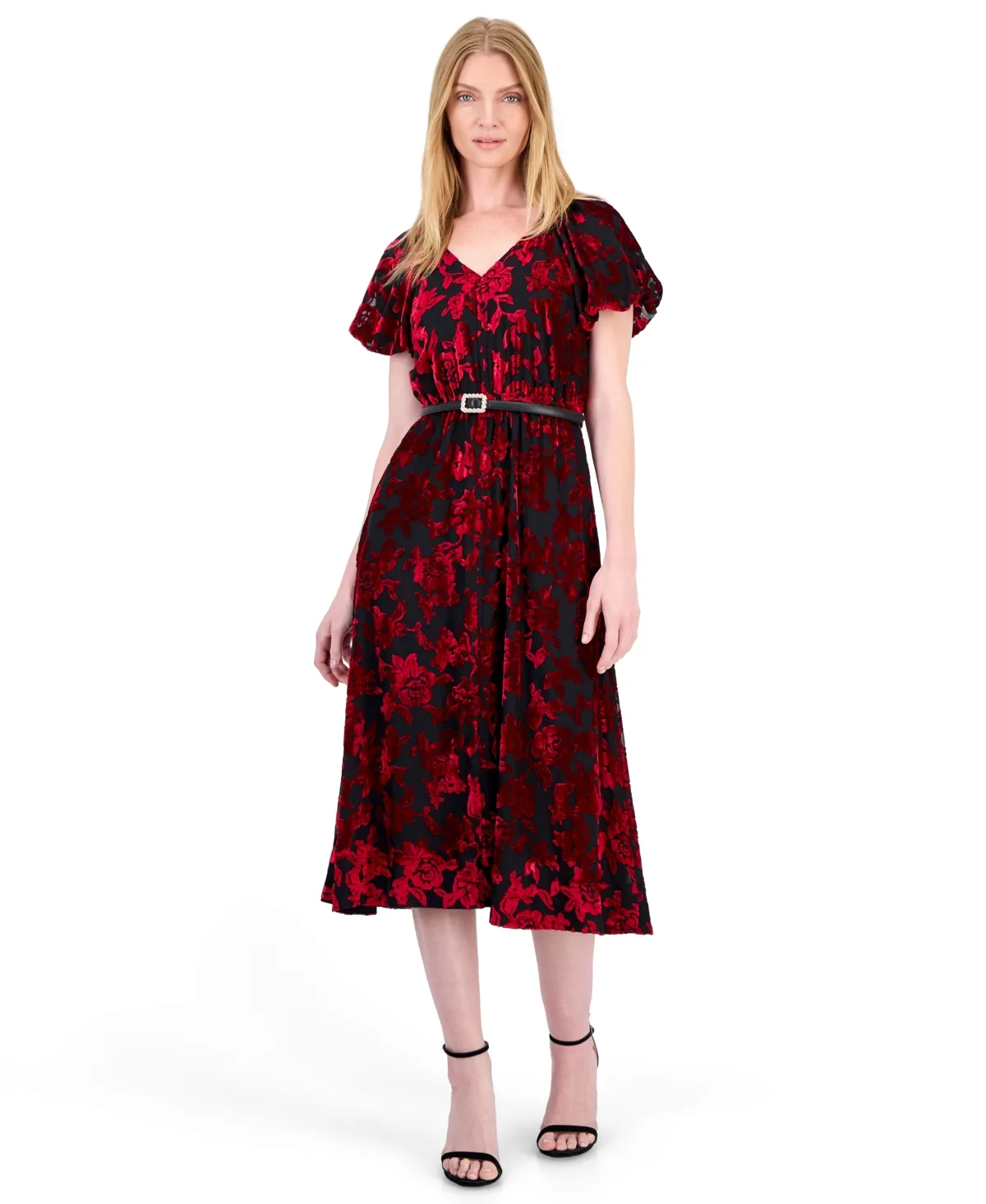 Puff Sleeve Floral V-Neck Midi Dress by Anne Klein
