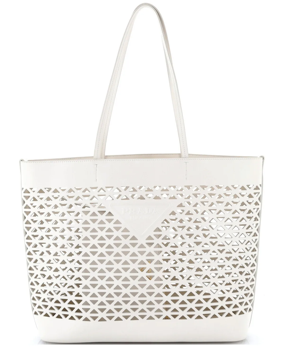 Pre-Owned Medium Triangle Logo Shopper Tote Laser Cut Leather by Prada