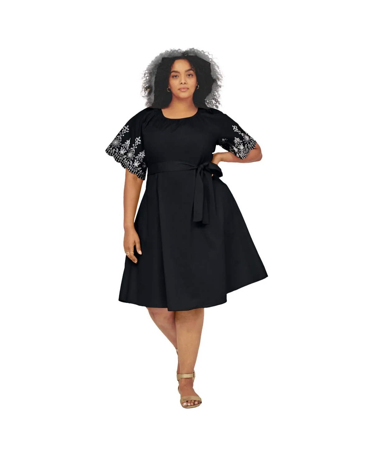 Flutter-Sleeve Scallop-Edge Embroidery A-Line Midi Dress by Avenue
