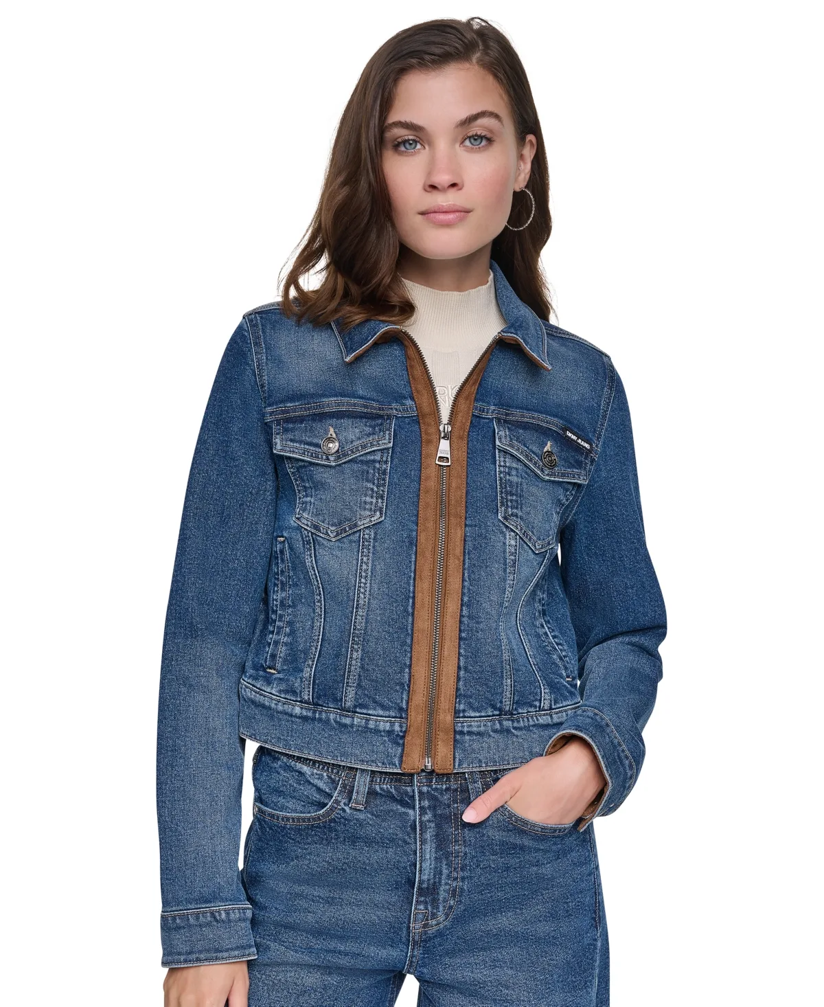 Dkny Jeans Zip Front Trucker Suede-Trim Denim Jacket by DKNY