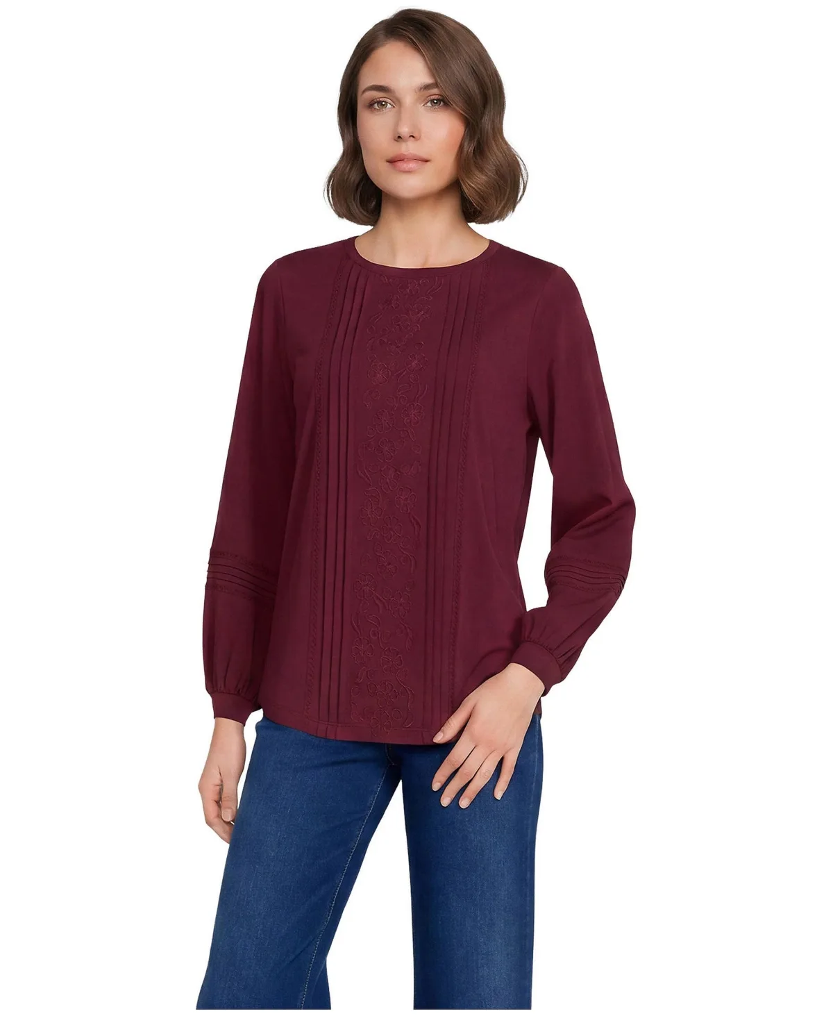 Pintuck and Lattice Long Balloon Sleeve Lightweight Jersey Blouse by Lands' End