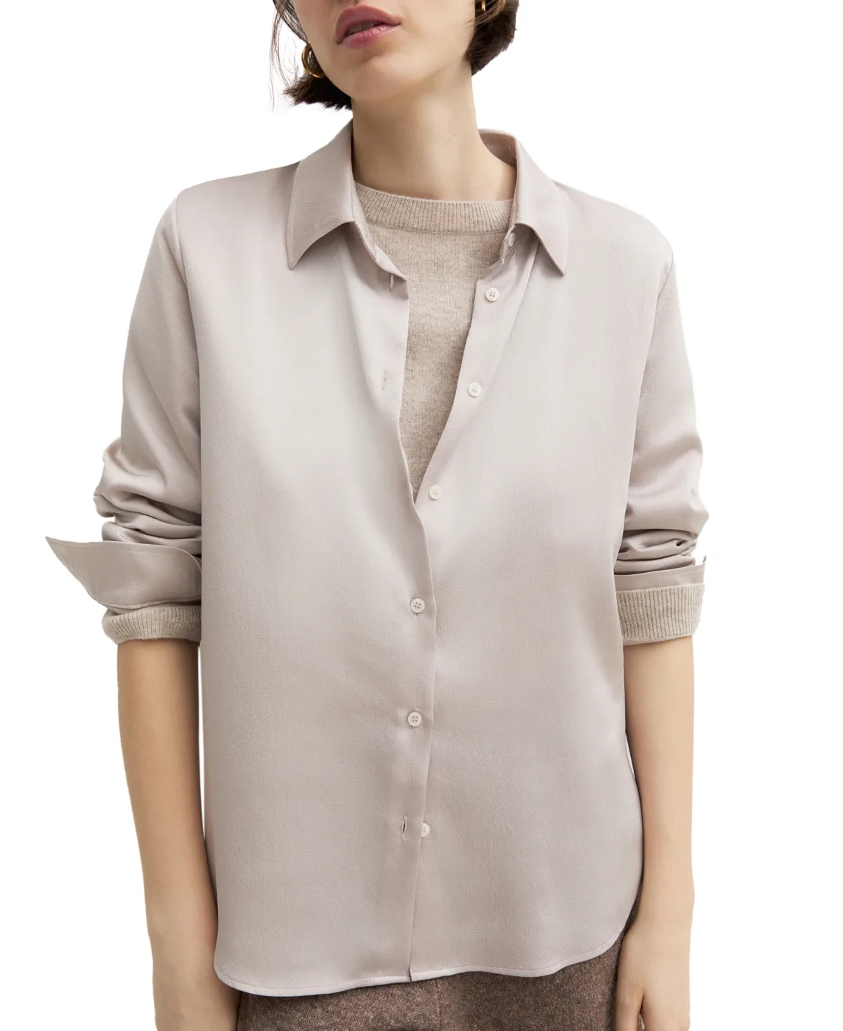 Emmlira Collared Long-Sleeve Crinkle-Finish Hammered Satin Blouse by Emme Marella