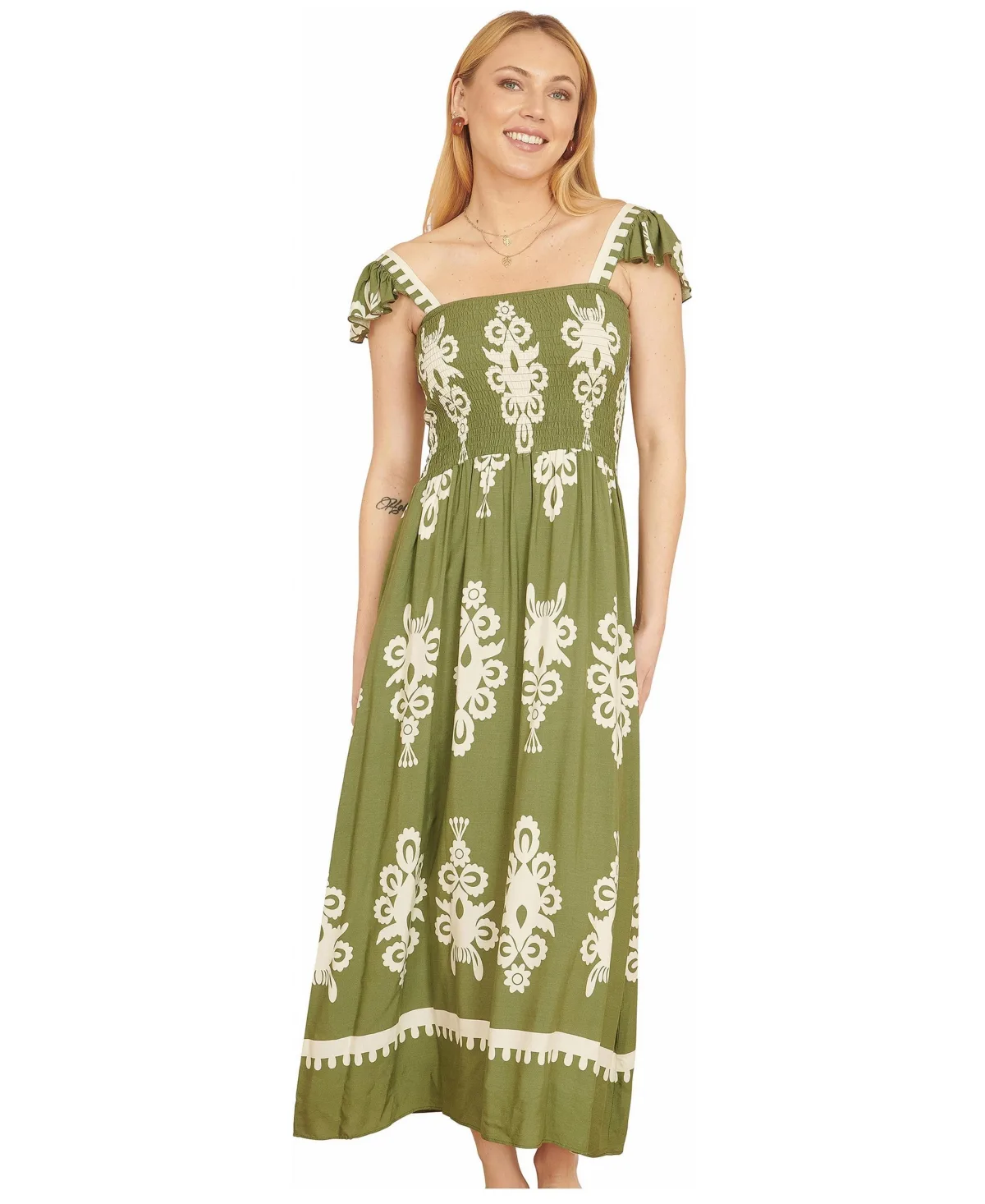 Block Print Ruched Maxi Dress by Yumi