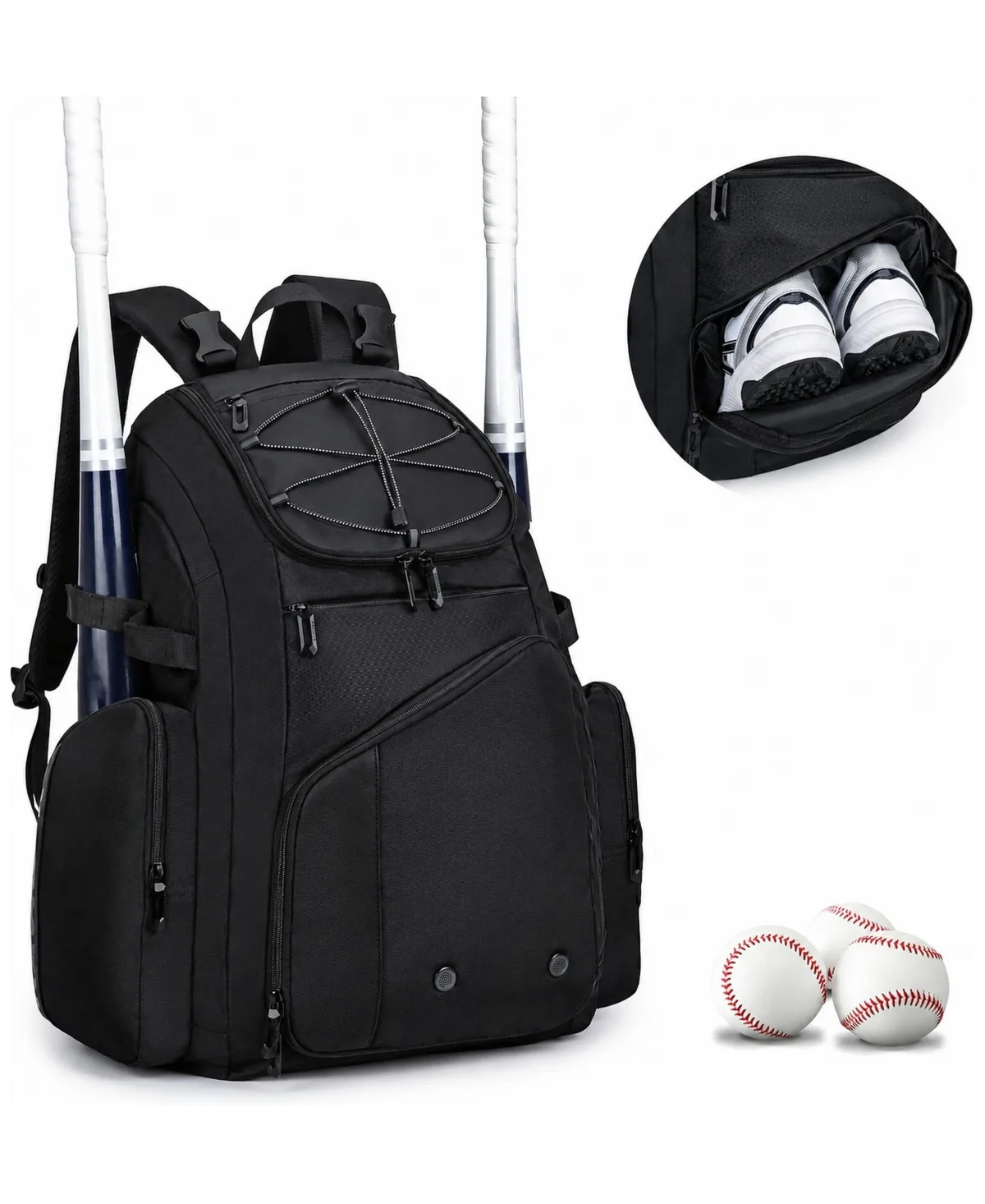 50L Large Capacity Baseball Softball Bag with Shoe Compartment Holds 4 Bats by Peneyon