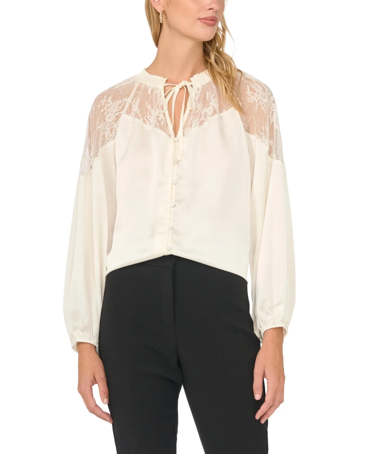 Lace-Insert Ruffle Long-Sleeve Blouse by Vince Camuto