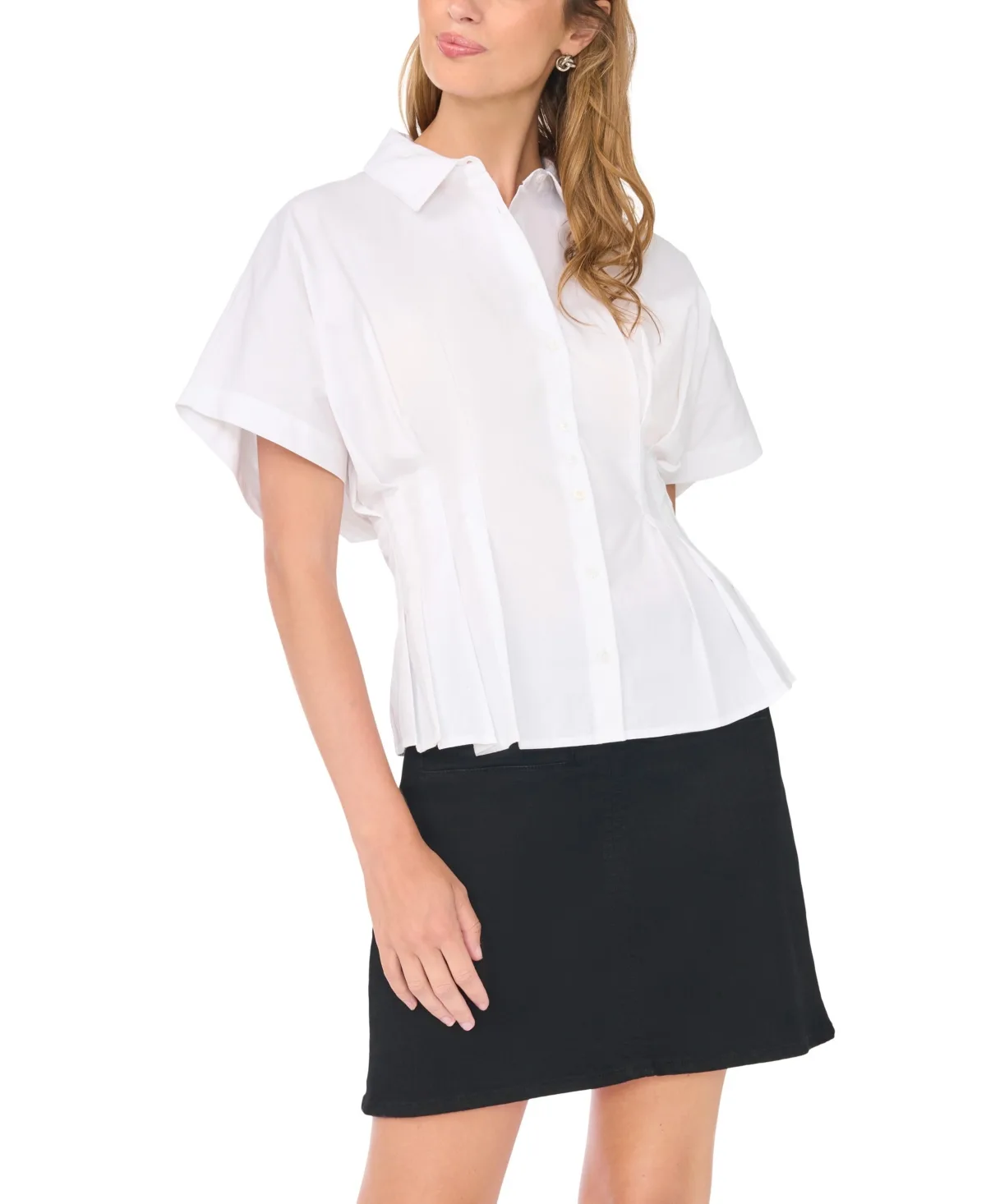 Pleated-Waist Dolman-Sleeve Cotton Blouse by Vince Camuto