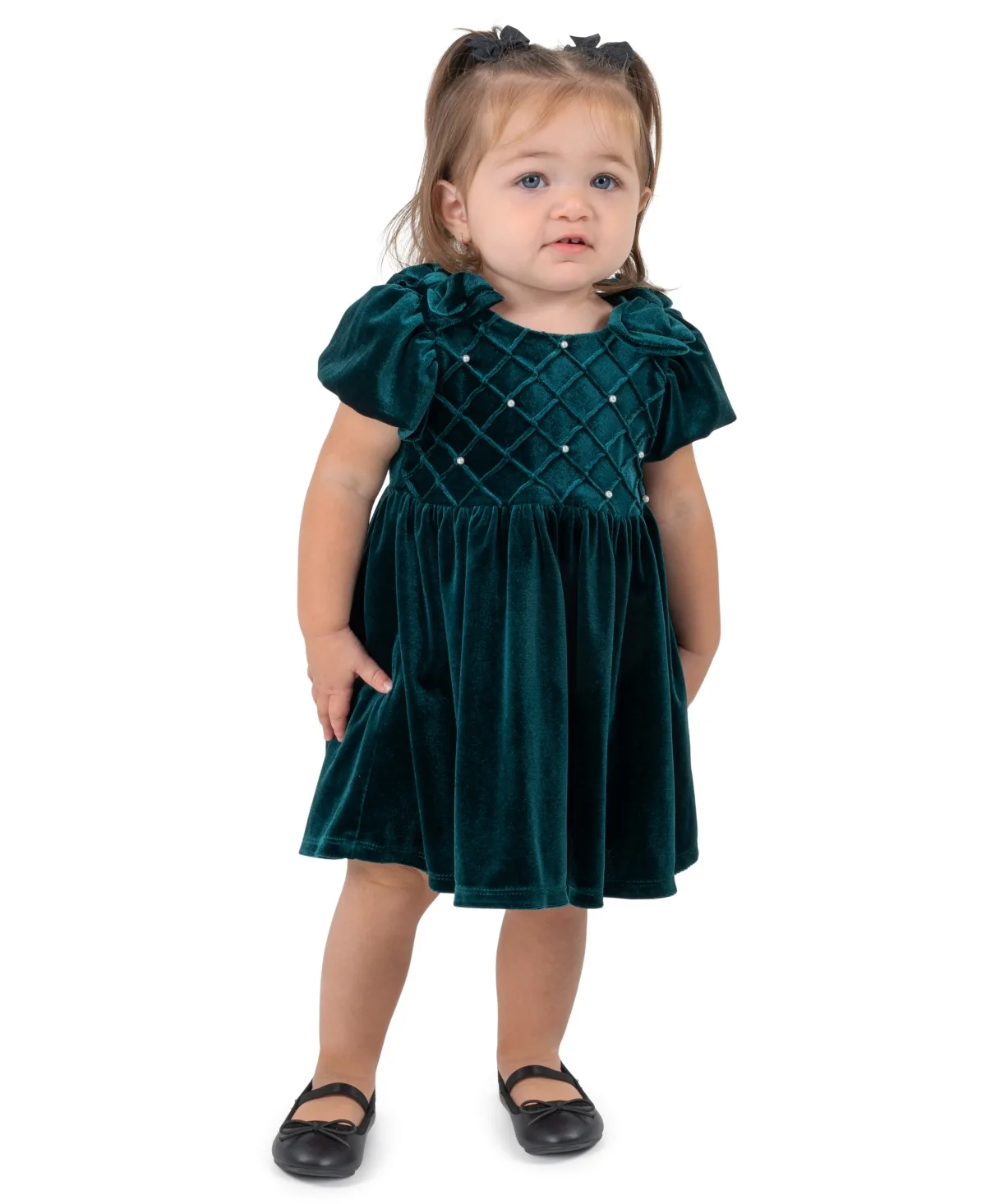 Velvet Pintuck with Pearl Embellishments Puff-Sleeve Dress and Bloomer, 2-Piece Set by Rare Editions