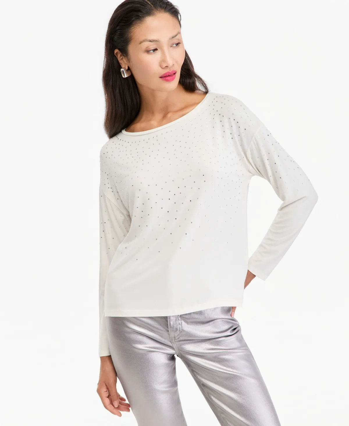 Crystal Embellished Boat Neck Long-Sleeve T-Shirt by INC International Concepts