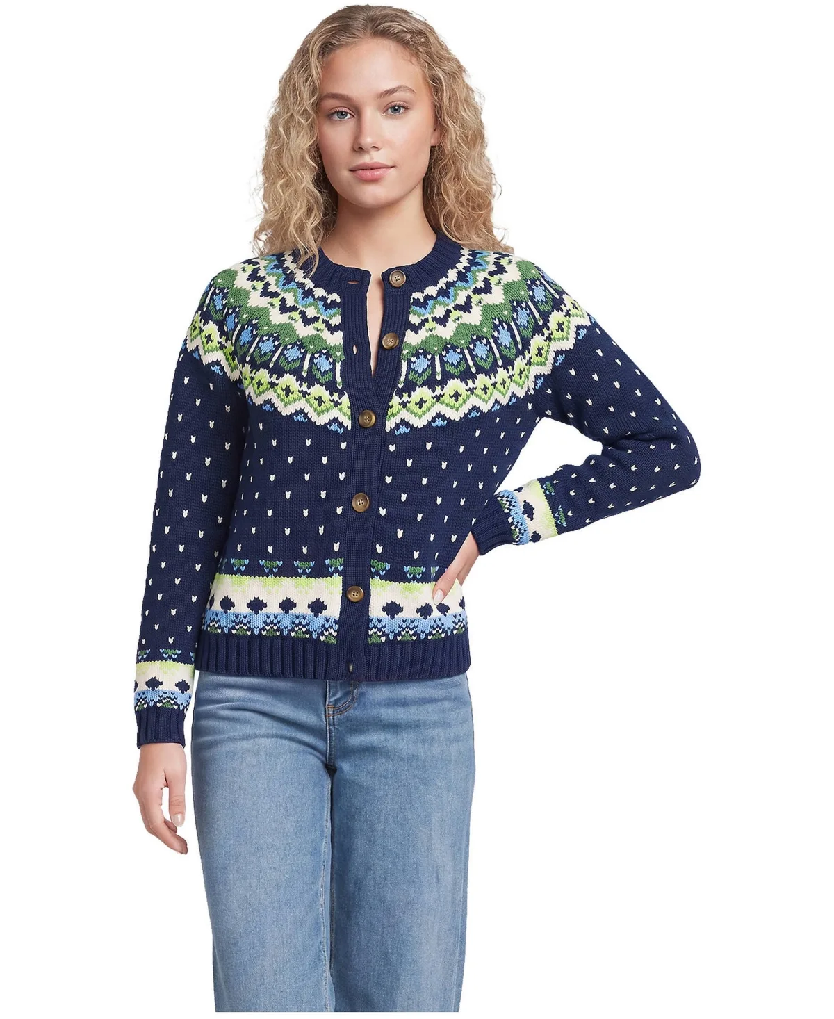 Lofty Birdseye Fair Isle Cardigan Sweater by Lands' End