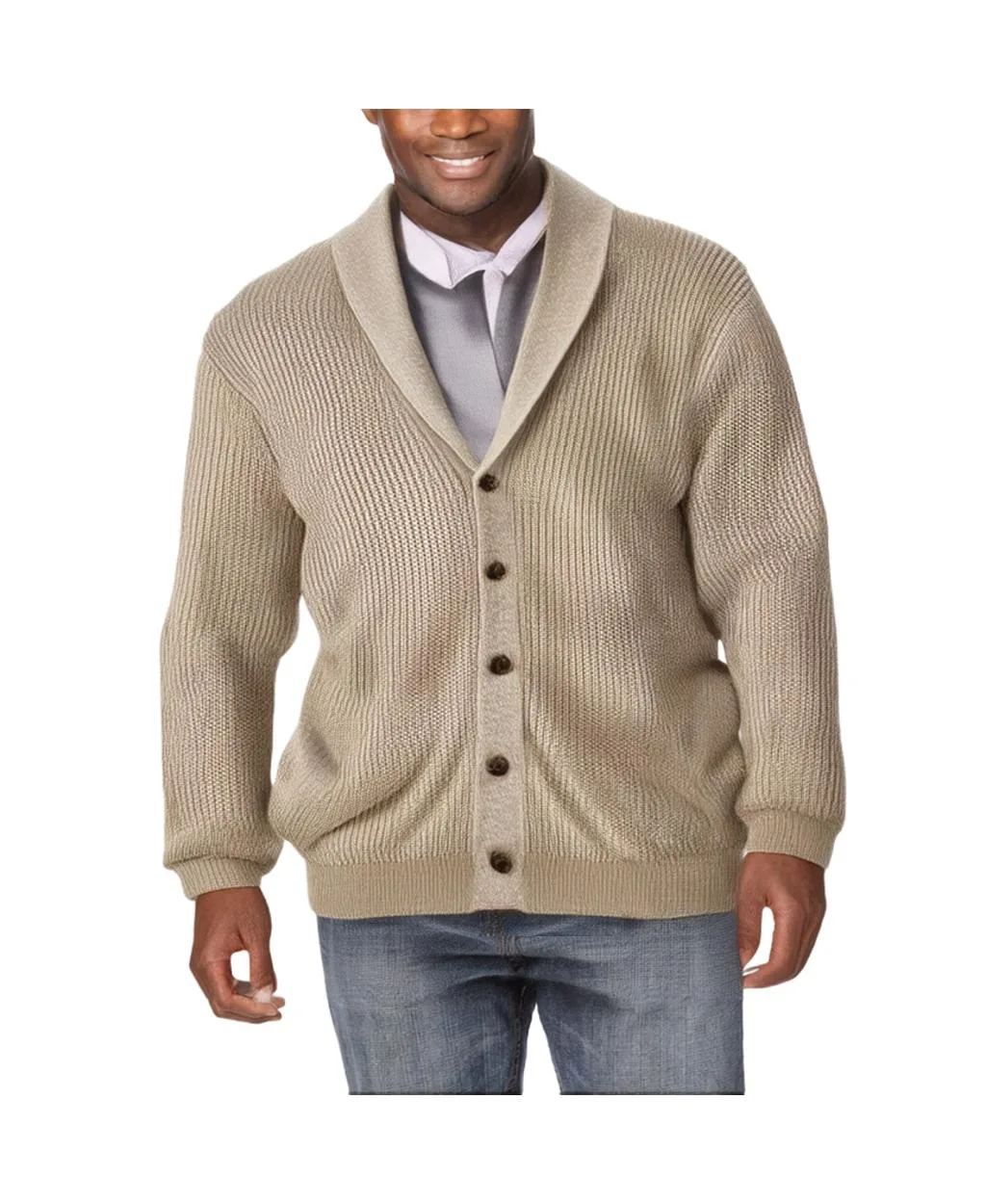 Shaker Knit Shawl-Collar Cardigan Sweater by Kingsize
