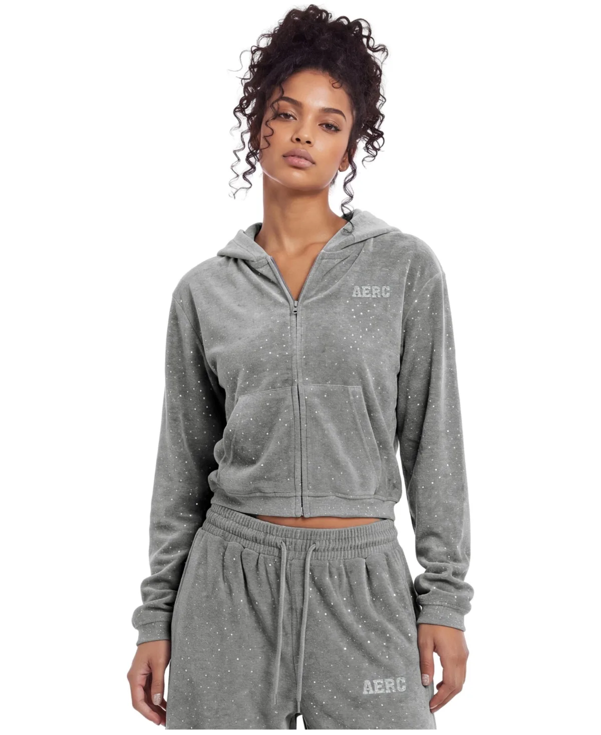 Rhinestone Velour Cropped Zip-Up Hoodie by Aelfric Eden