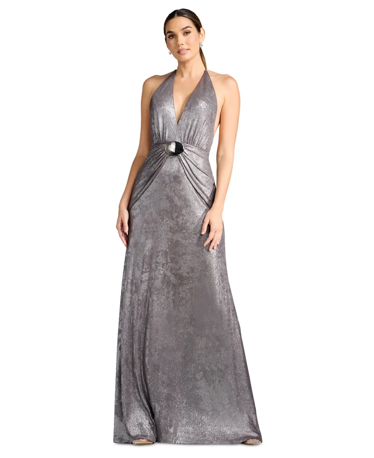 Elide Plunging Open Back Halter Metal Hardware Maxi Dress by Dress the Population