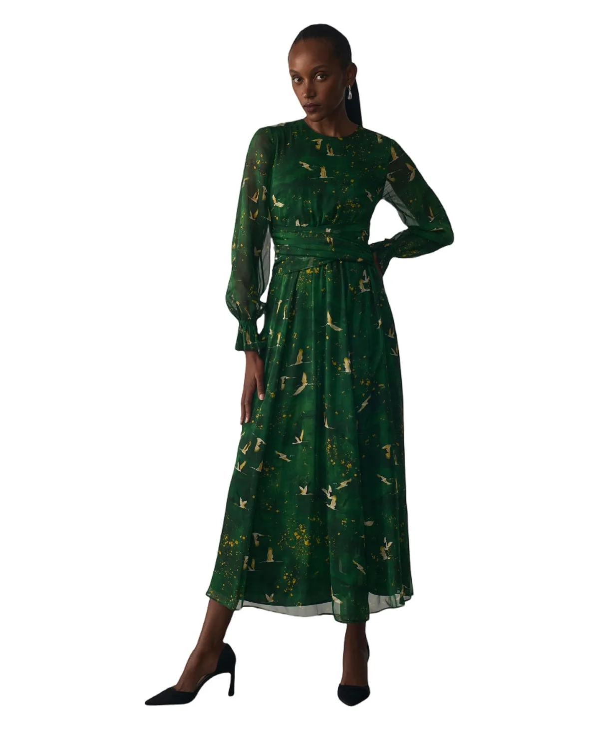 Portofino Silk Chiffon A-Line Long-Sleeve Midi Dress by The Fold