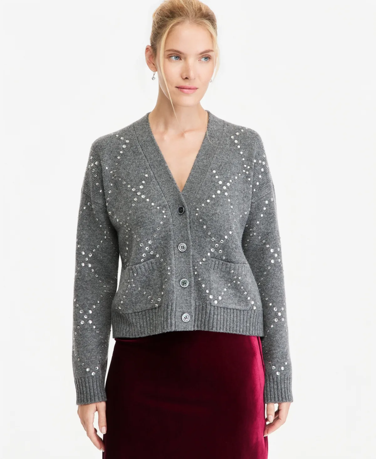 Rhinestone Argyle V-Neck Long-Sleeve Cardigan by On 34th