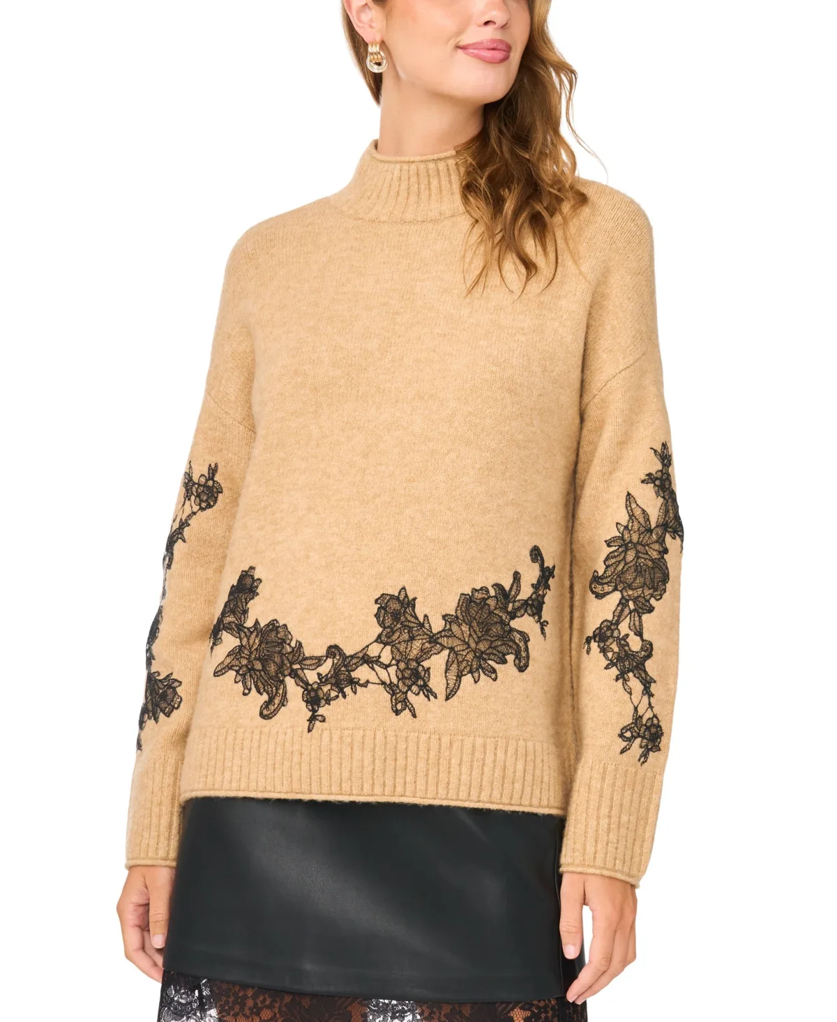 Lace-Applique Mock-Neck Pullover Sweater by Vince Camuto