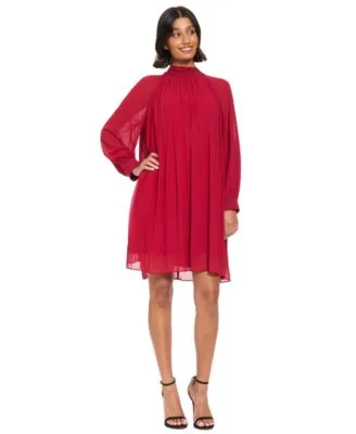 Pleated Shift Long Sleeve Mock Neck Dress by London Times