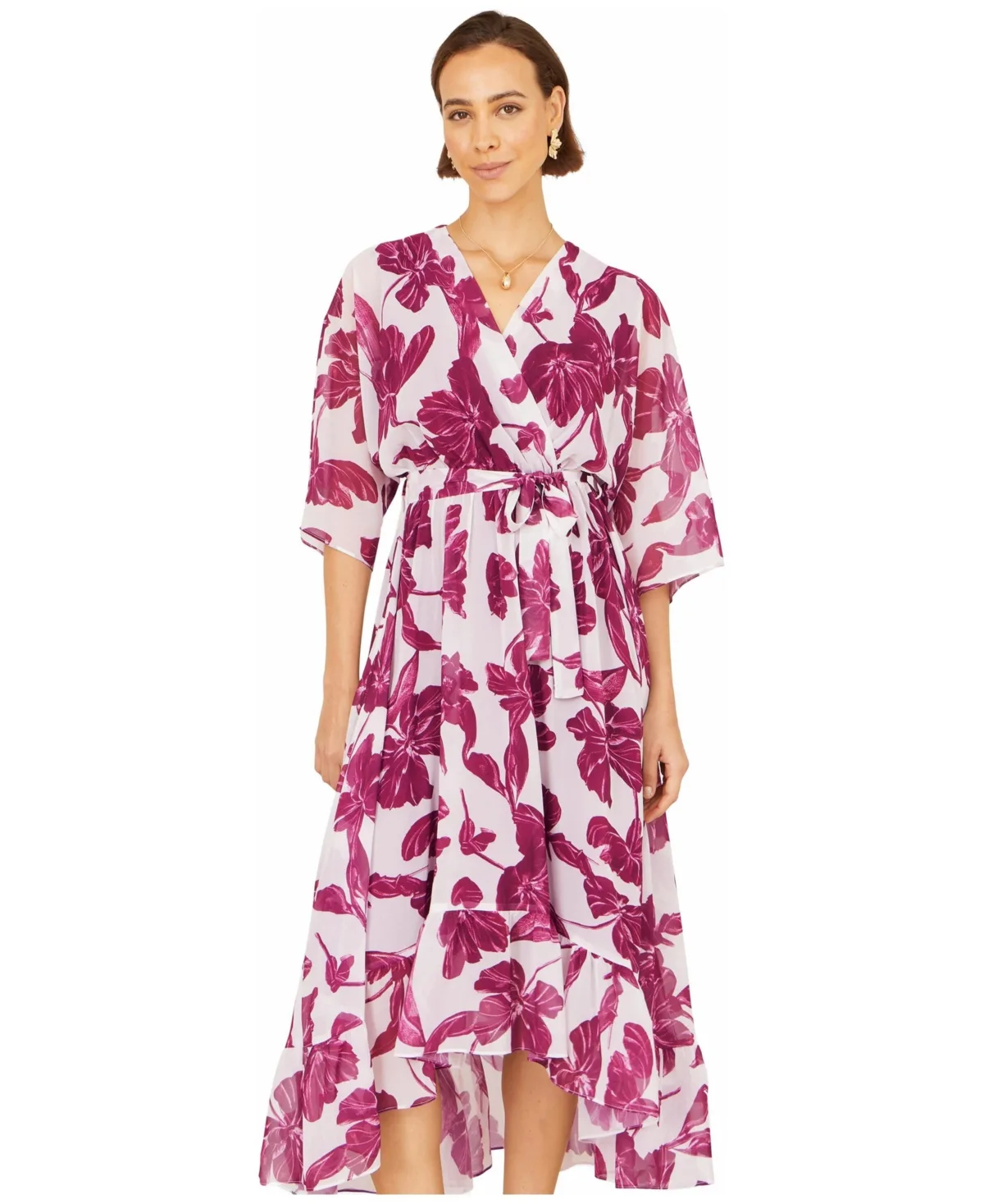 Floral Print Dipped Hem Wrap Dress by Yumi