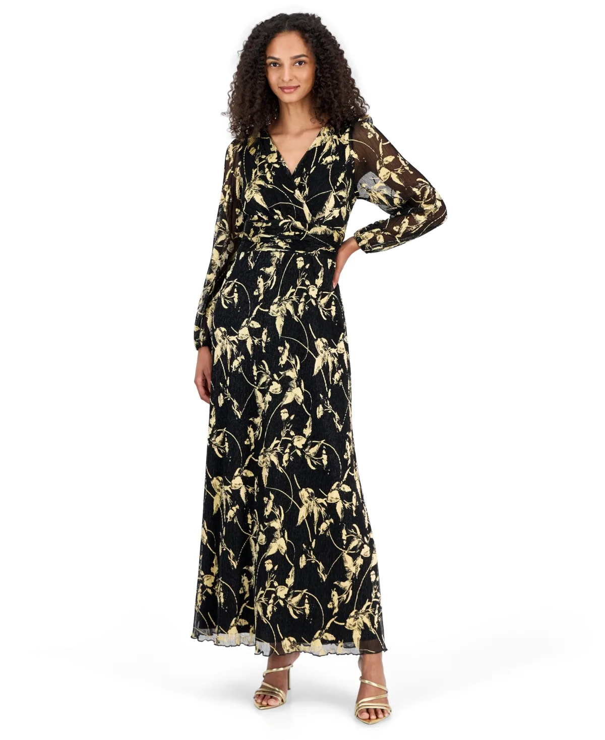 Foil Print Pleat Long V-Neck Long-Sleeve Dress by Connected