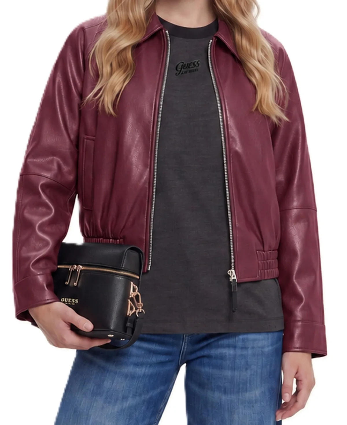 Audrine Faux Leather Long-Sleeve Bomber Jacket by GUESS