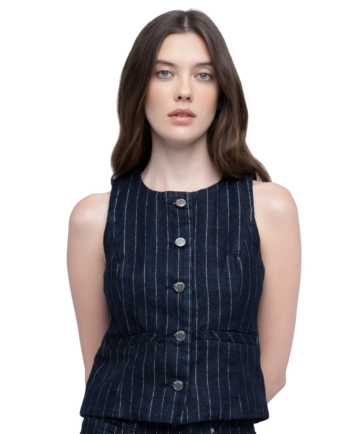 Pinstripe Crewneck Denim Vest by Blank
