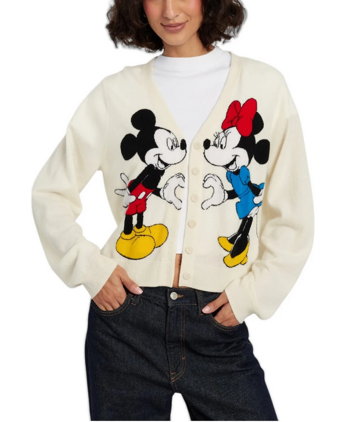 Chinti & Parker Intarsia Mickey and Minnie Wool-Blend Long-Sleeve Cardigan by Parker