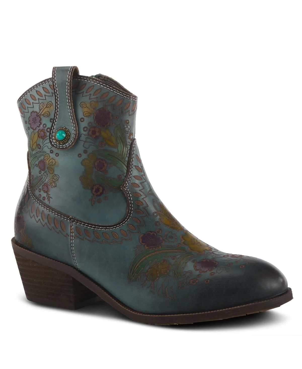 Galop Handpainted Leather Western Booties with Floral Embossing, Pull Tab, and Side Zipper by Lartiste