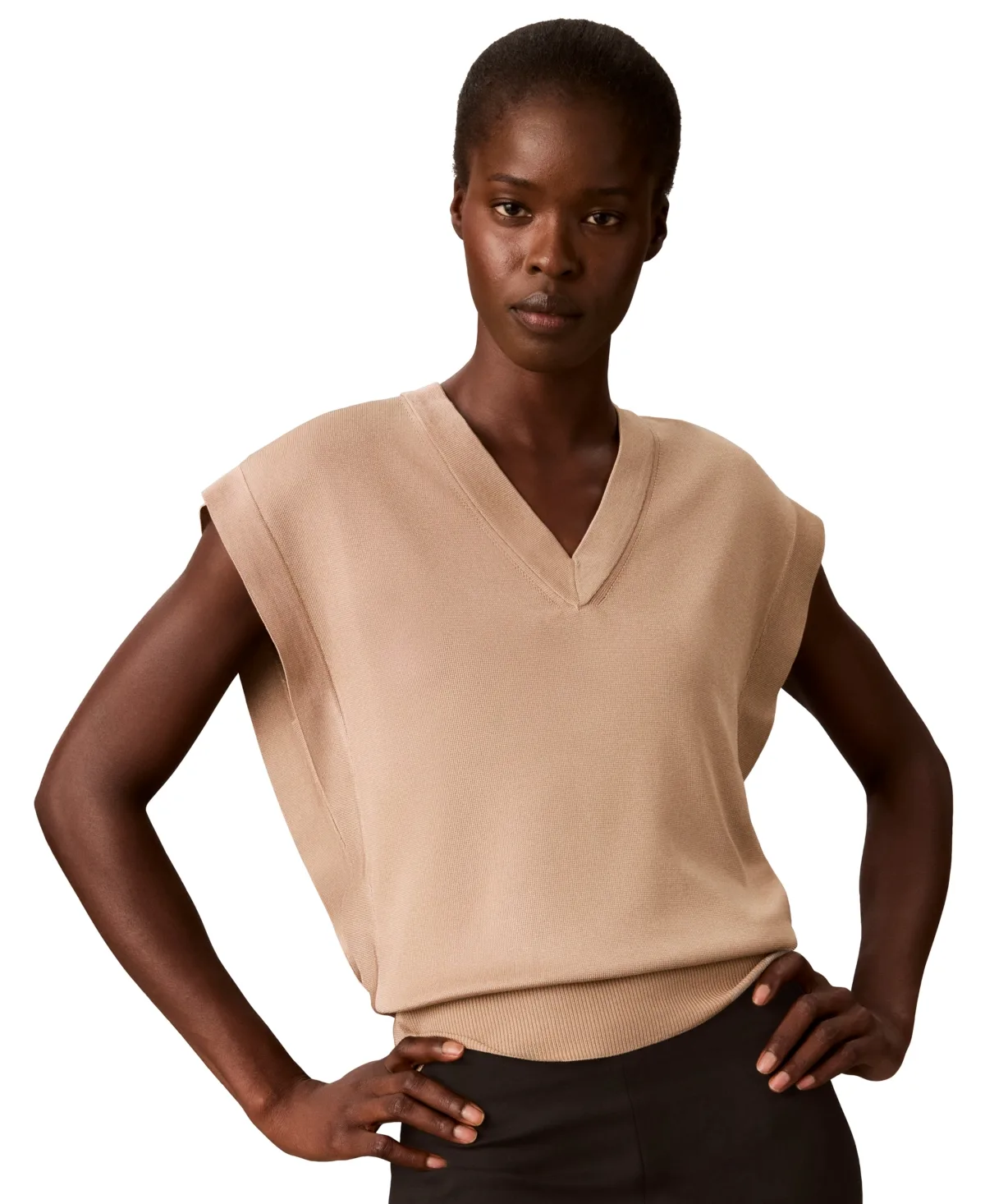 Extended Shoulder V-Neck Sleeveless Fine Gauge Sweater Vest by Calvin Klein